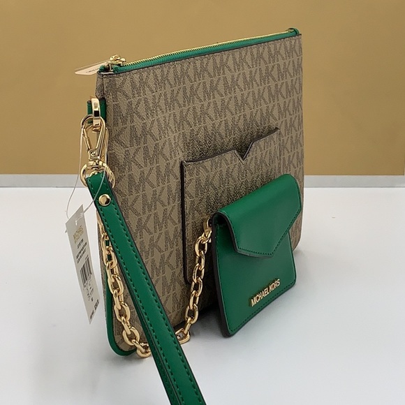 Michael Kors Jet Set LG 2 in 1 card case wristlet Wallet PALMETTO GREEN SIGNATUR - Picture 4 of 16